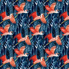 Birds and Reeds in Red and Blue - small