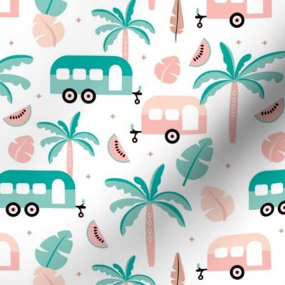 Happy summer holiday tropical travels camper van trip island vibes surf lovers mint peach white