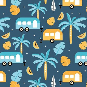 Happy summer holiday tropical travels camper van trip island vibes surf lovers navy blue ochre yellow kids
