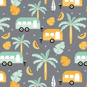 Happy summer holiday tropical travels camper van trip island vibes surf lovers gray mint green ochre yellow kids