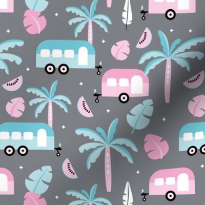 Happy summer holiday tropical travels camper van trip island vibes surf lovers gray Miami blue pink girls