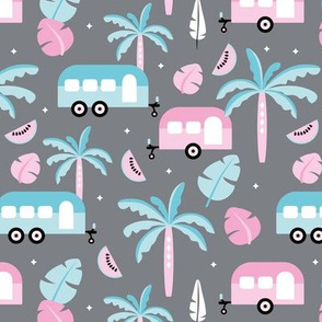 Happy summer holiday tropical travels camper van trip island vibes surf lovers gray Miami blue pink girls