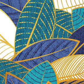 Large jumbo scale // Leaf wall // navy blue royal blue and teal leaves golden lines