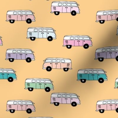 Happy camper van summer vacation travels boho vehicles hippies design girls yellow