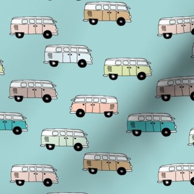 Happy camper van summer vacation travels boho vehicles hippies design boys turquoise blue