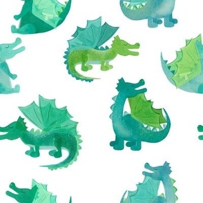 Adorable Green Watercolor Dragons White