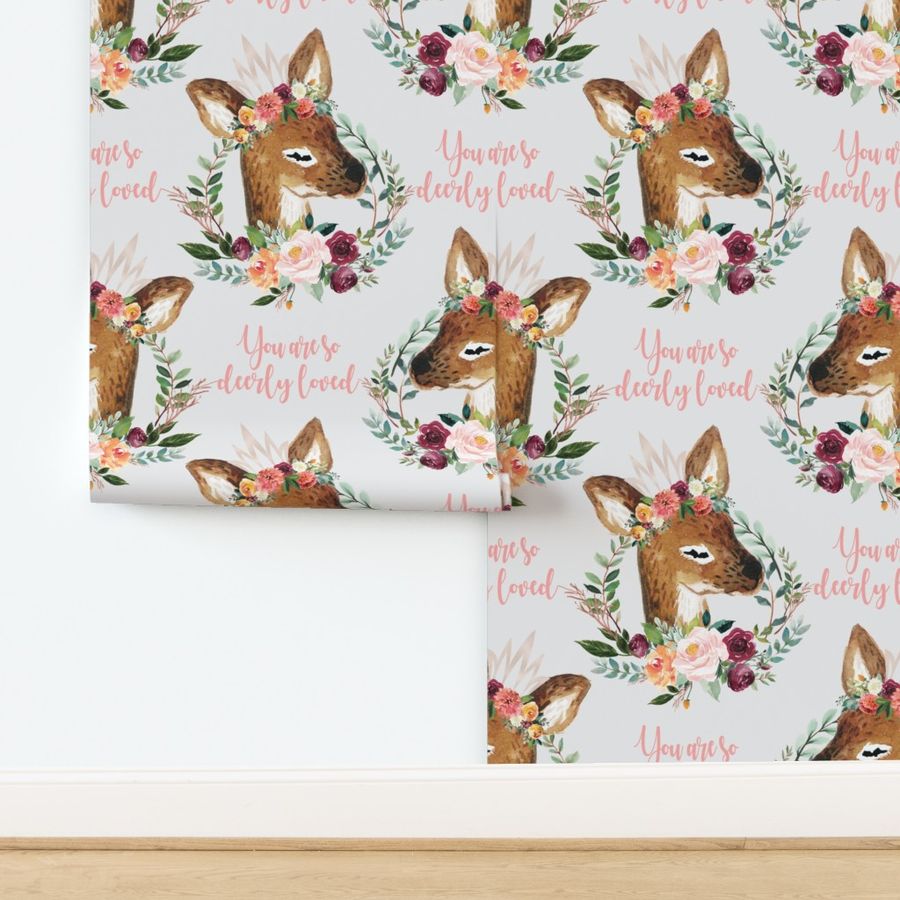 paprika floral fawn with crown 6" you are so deerly loved on gray background