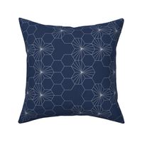 (M) Geometric gray flowers in a honeycomb over blue background 1. UPDATED!