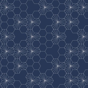 (M) Geometric gray flowers in a honeycomb over blue background 1. UPDATED!