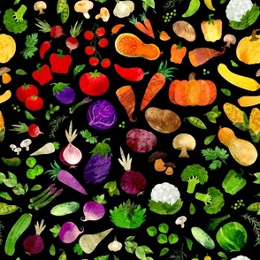 Watercolor Rainbow Vegetables and Herbs Black