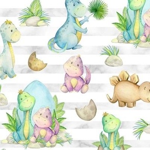 Dinosaur Friends (grey stripe) – Kids Fabric, 12" repeat