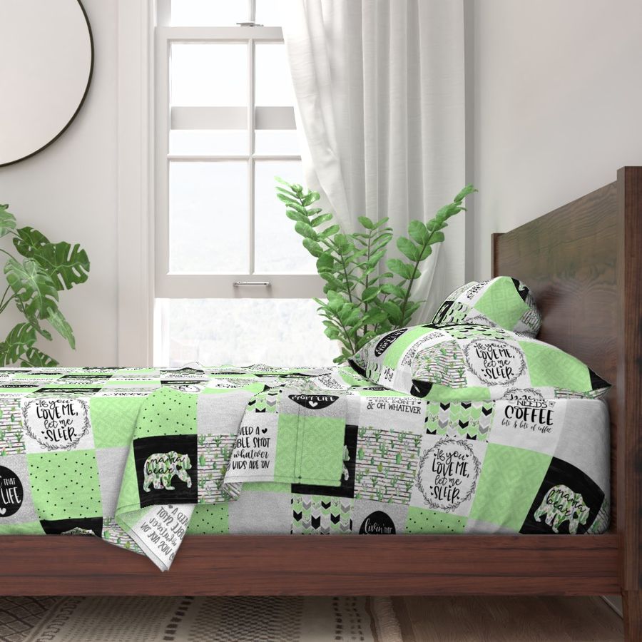 MomLife//Coffee//Cactus//Green - Wholecloth Cheater Quilt - Rotated