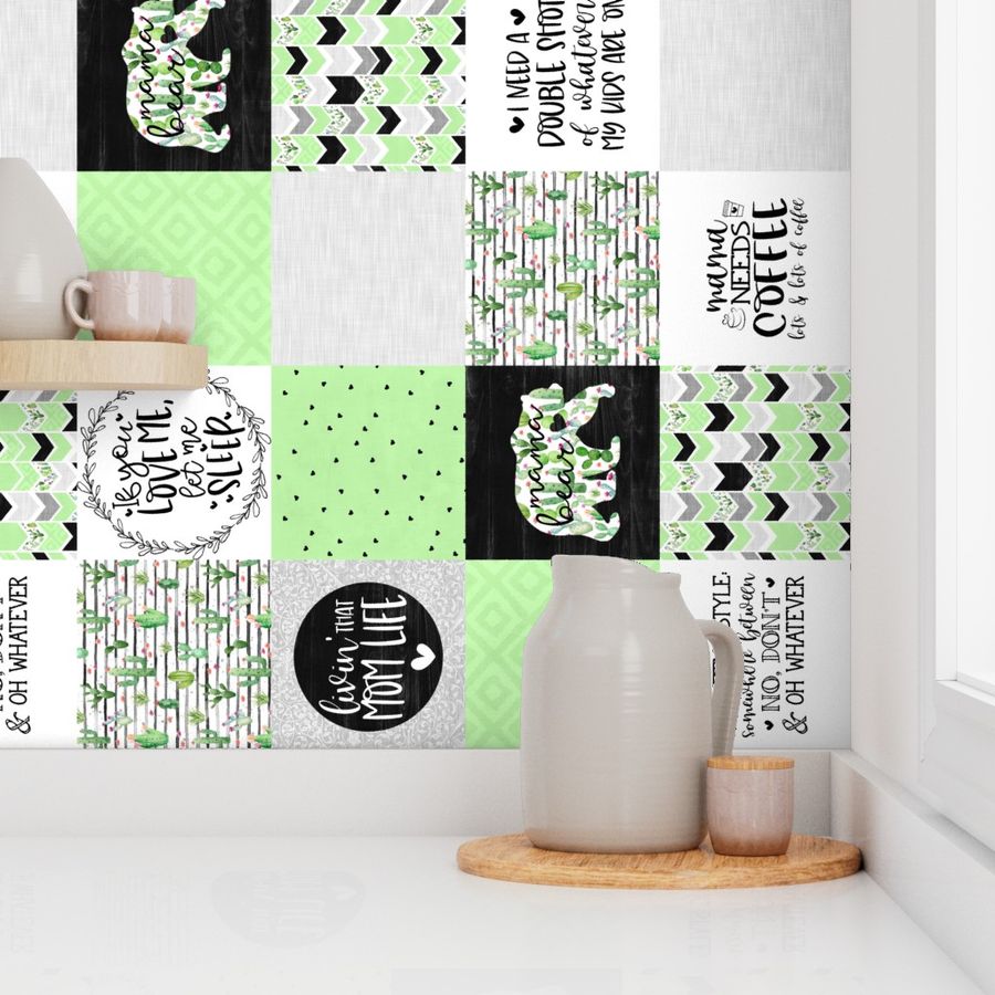 MomLife//Coffee//Cactus//Green - Wholecloth Cheater Quilt - Rotated