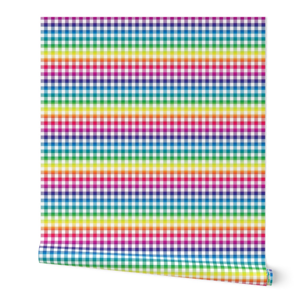 rainbow and white gingham, ~3/8" check,  rainbow repeats every 6"