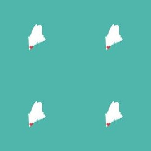 tiny Maine silhouette - Biddesford heart - 1" Maine, 3" repeat, white on  aquamarine