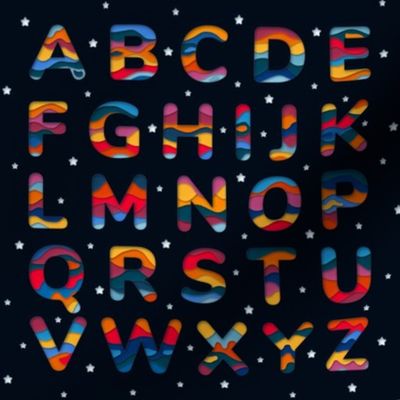 Rainbow Alphabet, paper cutout, colorful with white stars