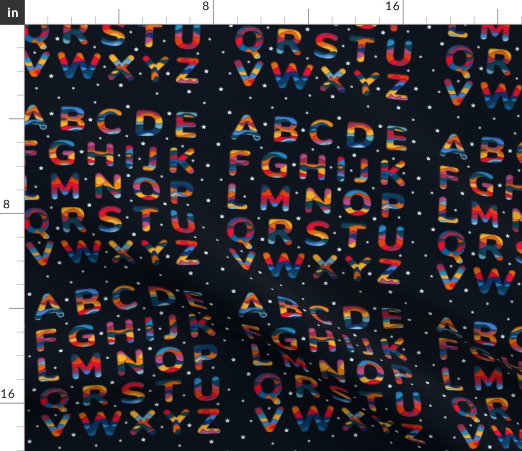 Rainbow Alphabet, paper cutout, colorful with white stars