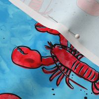 lobsters - watercolor & ink nautical summer - red on blue - LAD20
