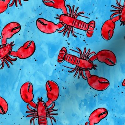 lobsters - watercolor & ink nautical summer - red on blue - LAD20