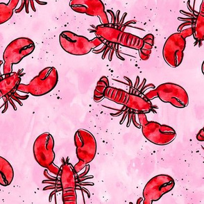 lobsters - watercolor & ink nautical summer - red on pink - LAD20