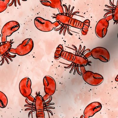 lobsters - watercolor & ink nautical summer - red on peach - LAD20