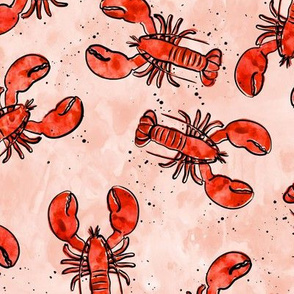 lobsters - watercolor & ink nautical summer - red on peach - LAD20