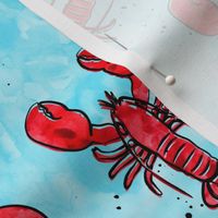 lobsters - watercolor & ink nautical summer - red on light blue - LAD20