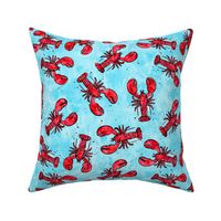 lobsters - watercolor & ink nautical summer - red on light blue - LAD20