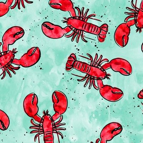 lobsters - watercolor & ink nautical summer - red on aqua - LAD20