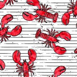 lobsters - watercolor & ink nautical summer - red on stripes - LAD20