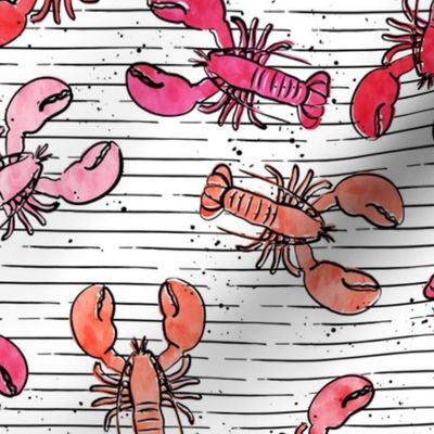 lobsters - watercolor & ink nautical summer - multi colored pink and red on stripes - LAD20