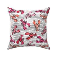 lobsters - watercolor & ink nautical summer - multi colored pink and red on stripes - LAD20