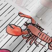 lobsters - watercolor & ink nautical summer - multi colored pink and red on stripes - LAD20