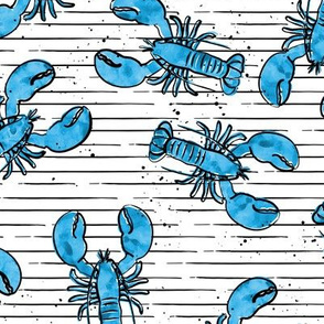 lobsters - watercolor & ink nautical summer - blue on stripes - LAD20