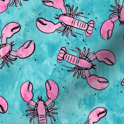 lobsters - watercolor & ink nautical summer - pink on blue - LAD20