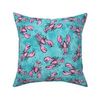 lobsters - watercolor & ink nautical summer - pink on blue - LAD20