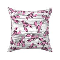 lobsters - watercolor & ink nautical summer - pink on stripes - LAD20