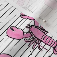 lobsters - watercolor & ink nautical summer - pink on stripes - LAD20