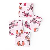 lobsters - watercolor & ink nautical summer - multi pink and red on light pink  - LAD20