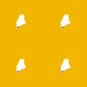 tiny Maine silhouette - Biddesford heart - 1" Maine, 3" repeat, white on yellow