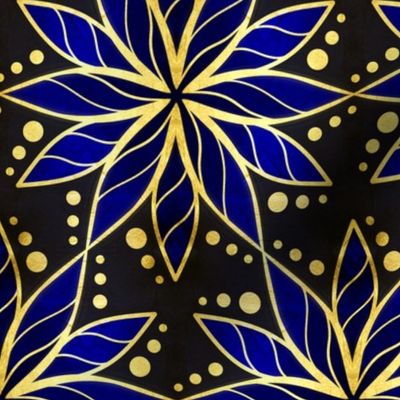 Gold Foil Starburst Floral Dotted in Blue Tile