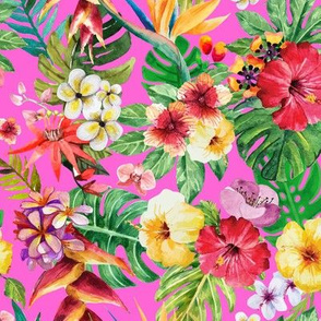 Tropical BIG flowers hot pink background