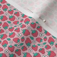 Strawberries Strawberry & Flowers Summer Fruit Red on Pink Tiny Small 0,5 inch