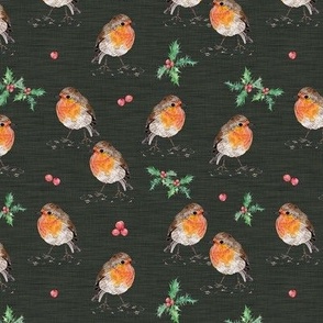 Hand Painted Robin With Holly And Berries Textured Dark Green Small