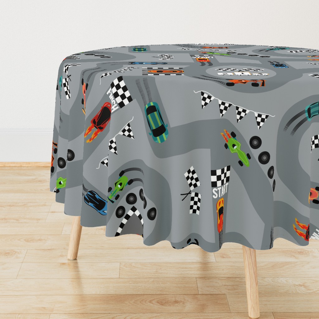 Extra Large Race Track Racing Cars Gray Scaled for Sheets Duvets Curtains