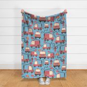 Extra Large Red Firetrucks on Blue Scaled for Sheets Duvets curtains