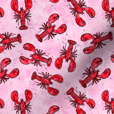 (small scale) lobsters - watercolor & ink nautical summer - red on pink - LAD20