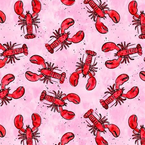 (small scale) lobsters - watercolor & ink nautical summer - red on pink - LAD20