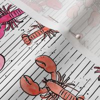 (small scale) lobsters - watercolor & ink nautical summer - multi colored pink and red on stripes - LAD20