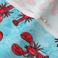 (small scale) lobsters - watercolor & ink nautical summer - red on light blue - LAD20